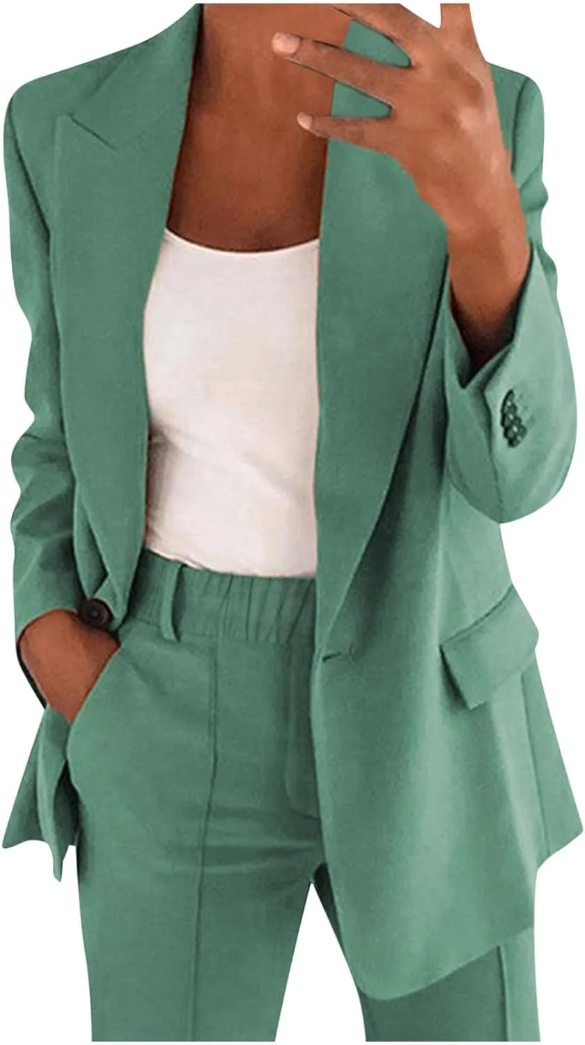 2 Piece Blazer Sets Women Trendy 2025 Workout Outfits Plus Size Business Casual Pant Suit Set Dressy Pants Suits