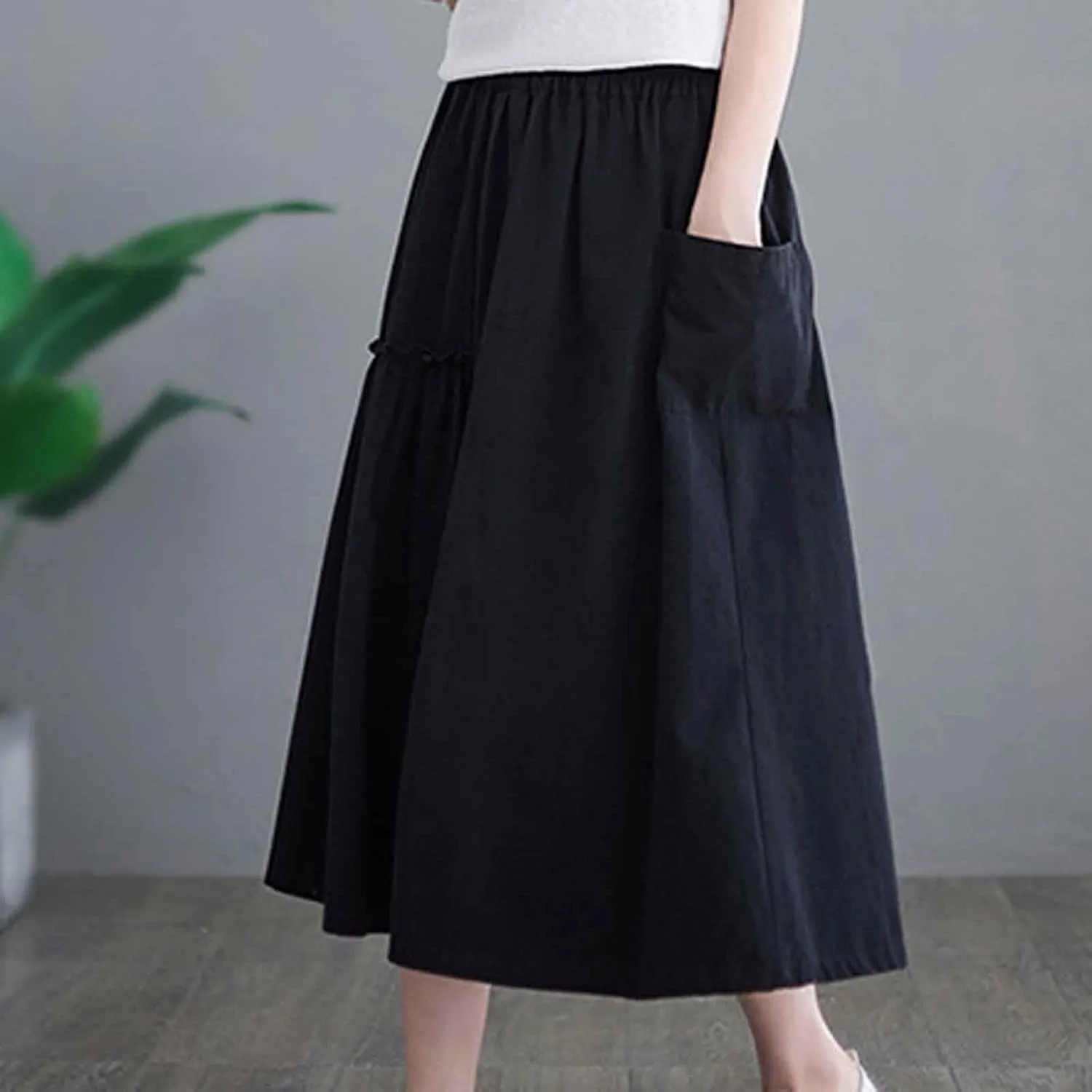 2024 Summer Skirt for Women Casual Pleated Elegant Solid Color Midi Skirts Elastic Waist Flowy Skirt with Pocket