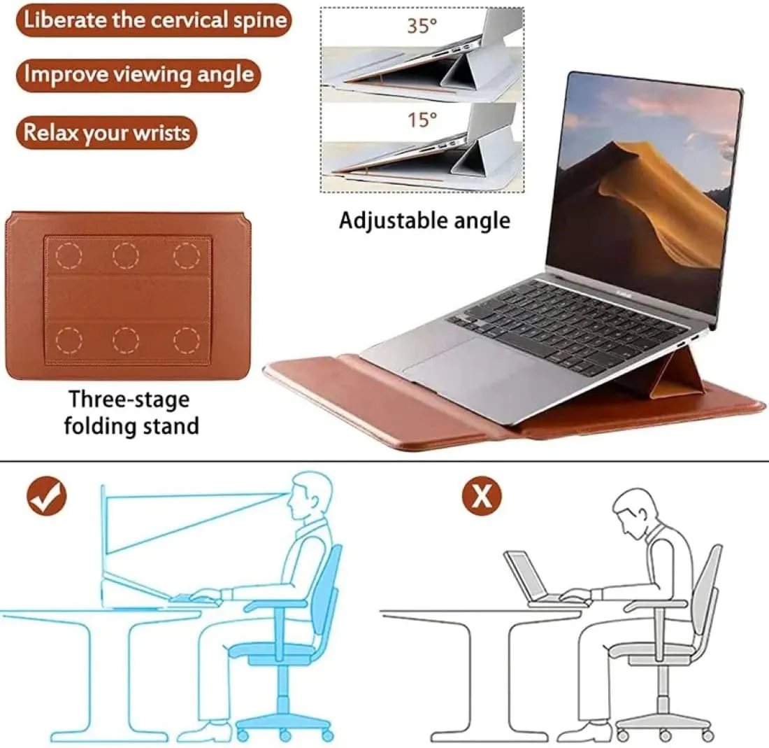 3 in 1 Laptop Sleeve Protective PU Leather Case Waterproof Shockproof Magnetic Closure Adjustable Stand, Mouse Pad Lightweight 11-14 Inch Laptop and Tablet Universal Fit Portable Durable Color Brown