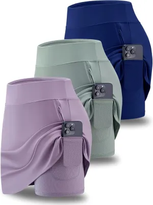 3 Pack Women's Athletic Skirts with Shorts Underneath, Tennis Golf Skorts Tummy Control Pockets for Workout Gym