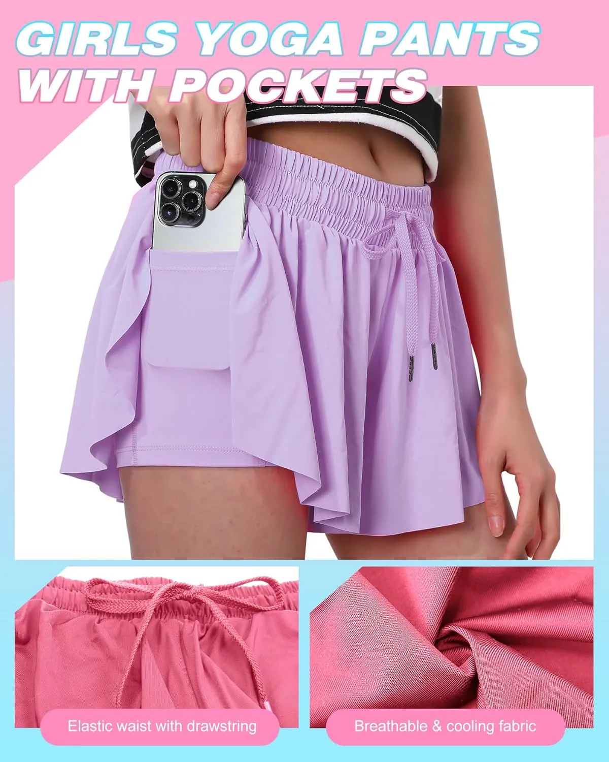4 Pack Girls 2 in 1 Flowy Running Shorts with Pockets Teen Kids Butterfly Gym Shorts Summer Women Workout Yoga