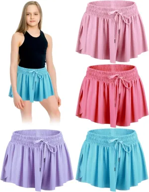 4 Pack Girls 2 in 1 Flowy Running Shorts with Pockets Teen Kids Butterfly Gym Shorts Summer Women Workout Yoga