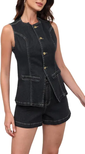 acelyn Womens Business Casual Outfits 2 Piece Denim Set Sleeveless Blazer Vest & Short Set Jeans Two Piece Outfits