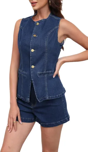 acelyn Womens Business Casual Outfits 2 Piece Denim Set Sleeveless Blazer Vest & Short Set Jeans Two Piece Outfits