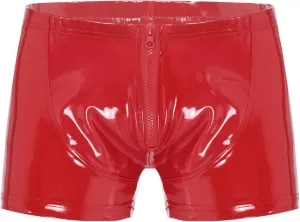 ACSUSS Mens Wet Look Patent Leather Shorts Zipper Open Front Boxer Brief Underpants Nightclub