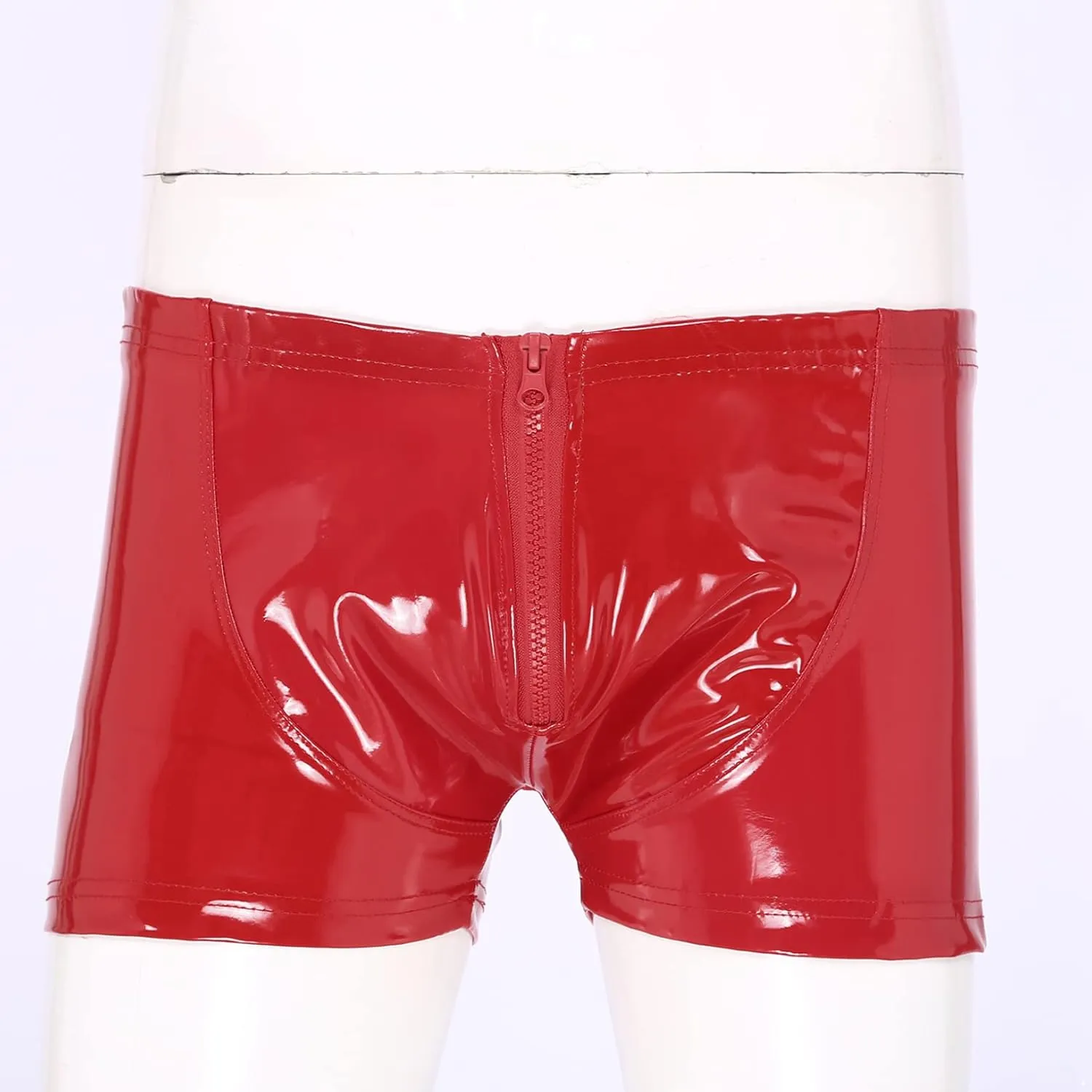 ACSUSS Mens Wet Look Patent Leather Shorts Zipper Open Front Boxer Brief Underpants Nightclub