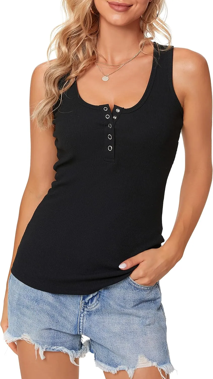 Afibi Womens Scoop Neck Henley Tank Tops Low Cut Solid Sexy Summer Sleeveless Button Down Shirts