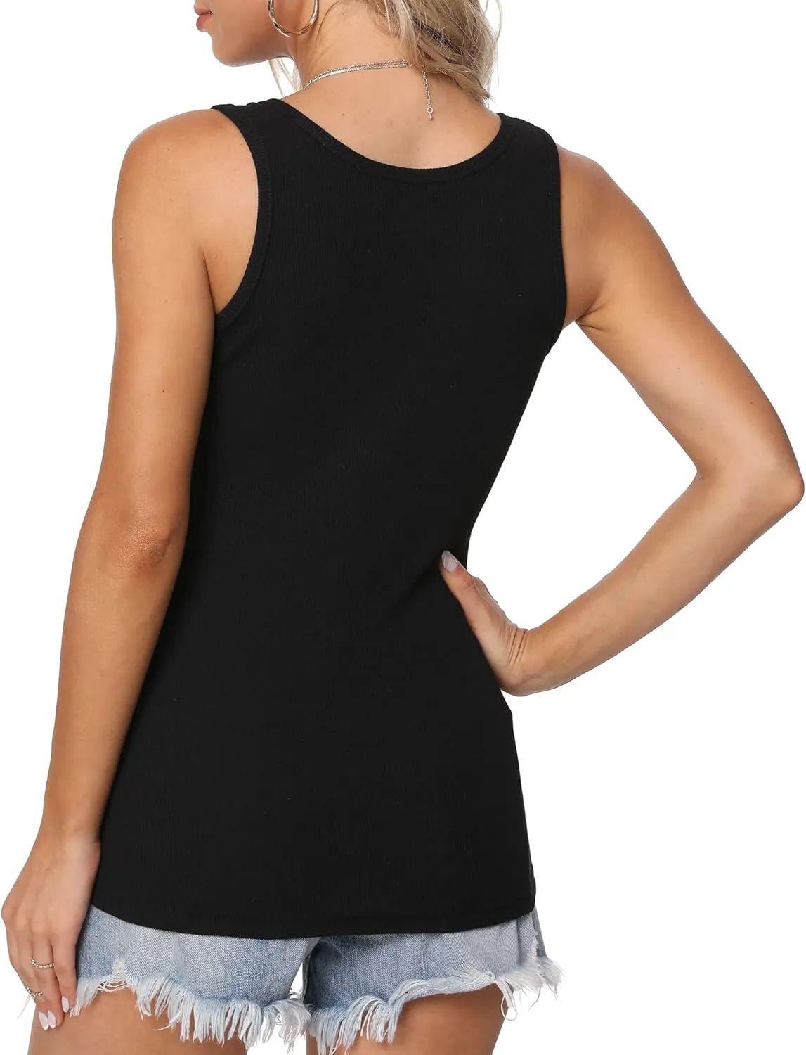 Afibi Womens Scoop Neck Henley Tank Tops Low Cut Solid Sexy Summer Sleeveless Button Down Shirts