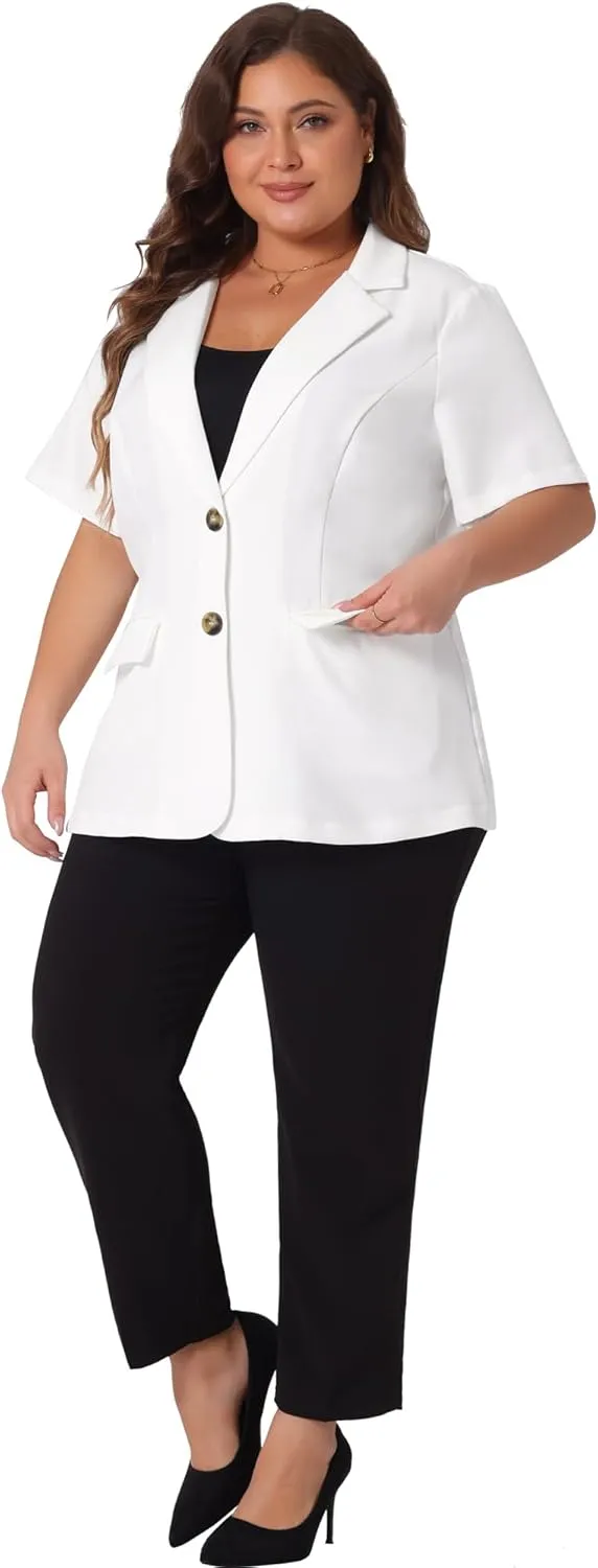Agnes Orinda Plus Size Casual Blazers for Women Short Sleeve Notched Lapel Button Work Office Blazer Suit Jacket