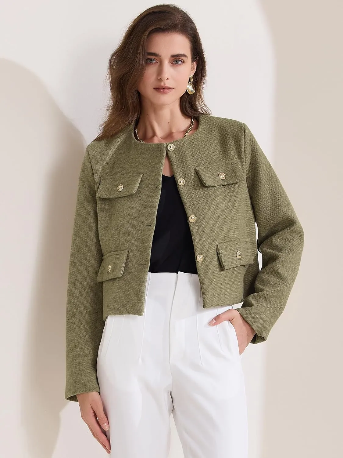 Allegra K Women's Cropped Blazer Jacket Long Sleeve Button Down Spring Fall Work Business Tweed Blazers