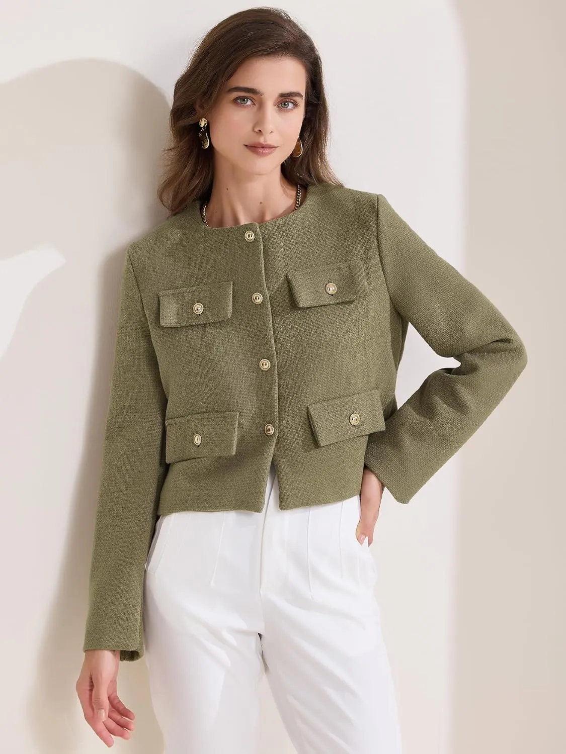 Allegra K Women's Cropped Blazer Jacket Long Sleeve Button Down Spring Fall Work Business Tweed Blazers