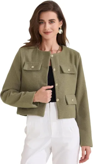 Allegra K Women's Cropped Blazer Jacket Long Sleeve Button Down Spring Fall Work Business Tweed Blazers