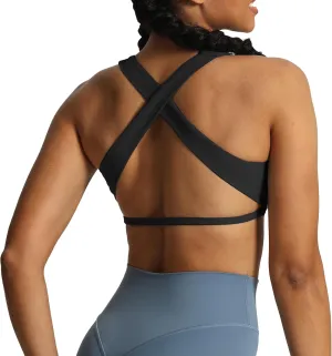 Aoxjox Women's Workout Sports Bras Square Neck Emma Cross Back Fitness Padded Training Gym Bra Yoga Crop Tank Top