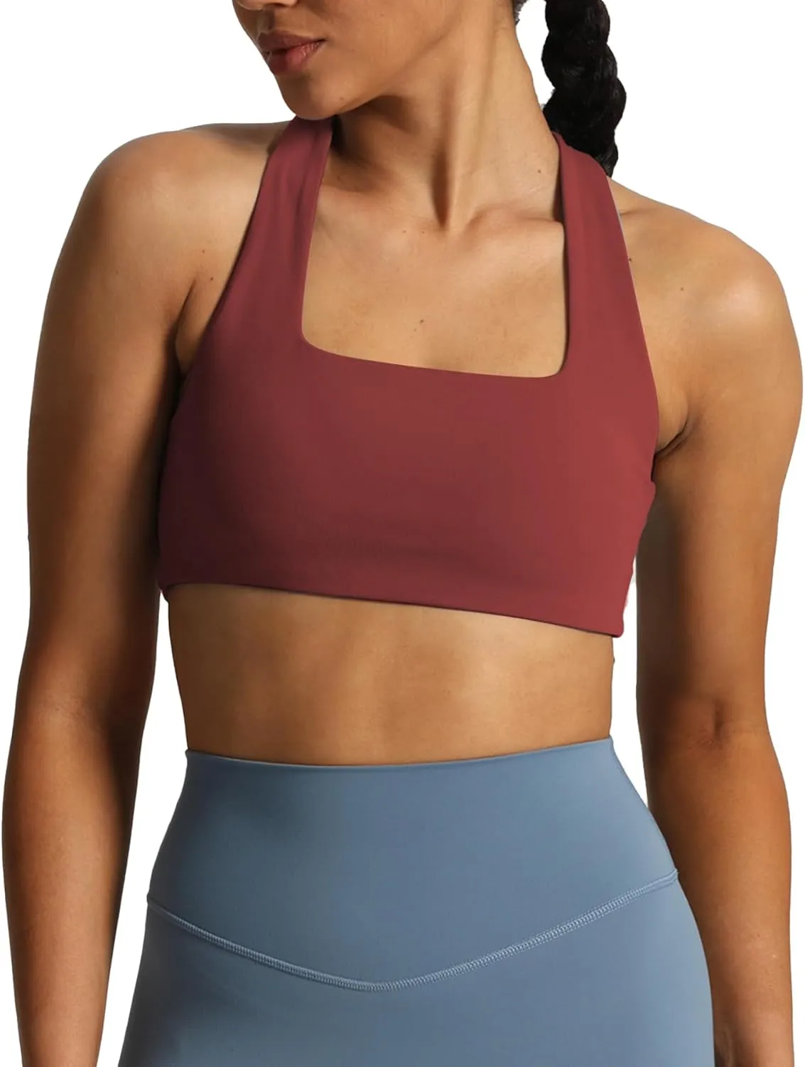 Aoxjox Women's Workout Sports Bras Square Neck Emma Cross Back Fitness Padded Training Gym Bra Yoga Crop Tank Top