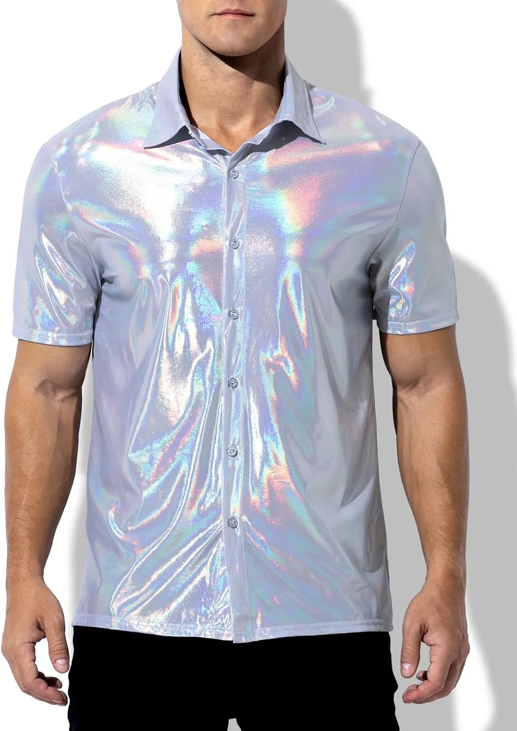 Arjen Kroos Men's 70s Disco Shirt Sequins Party Costume Short Sleeve Metallic Rave Button Down Shirts