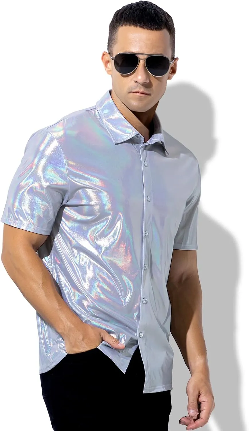 Arjen Kroos Men's 70s Disco Shirt Sequins Party Costume Short Sleeve Metallic Rave Button Down Shirts