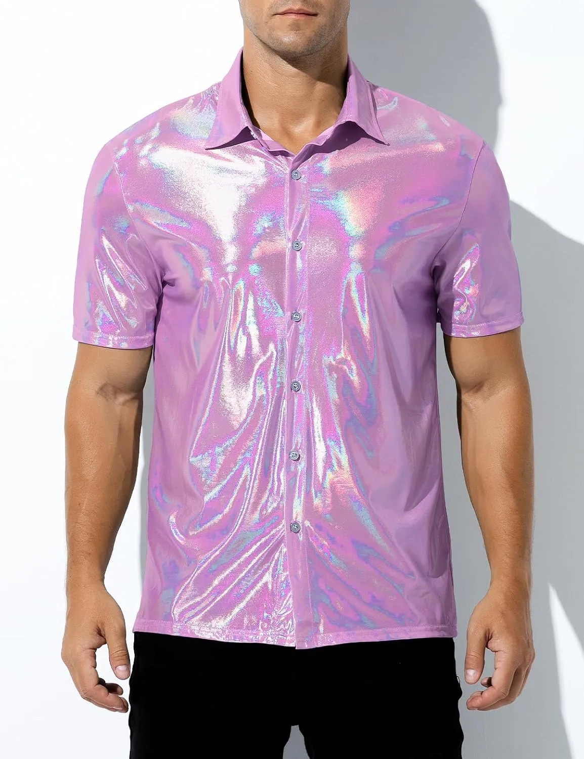 Arjen Kroos Men's 70s Disco Shirt Sequins Party Costume Short Sleeve Metallic Rave Button Down Shirts