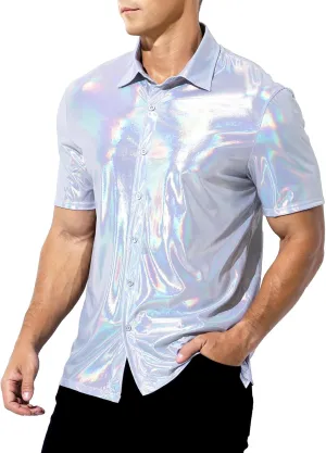 Arjen Kroos Men's 70s Disco Shirt Sequins Party Costume Short Sleeve Metallic Rave Button Down Shirts