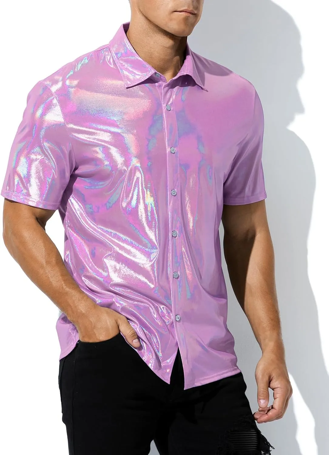 Arjen Kroos Men's 70s Disco Shirt Sequins Party Costume Short Sleeve Metallic Rave Button Down Shirts