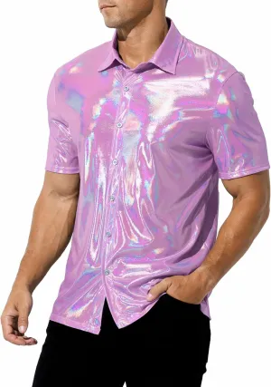 Arjen Kroos Men's 70s Disco Shirt Sequins Party Costume Short Sleeve Metallic Rave Button Down Shirts