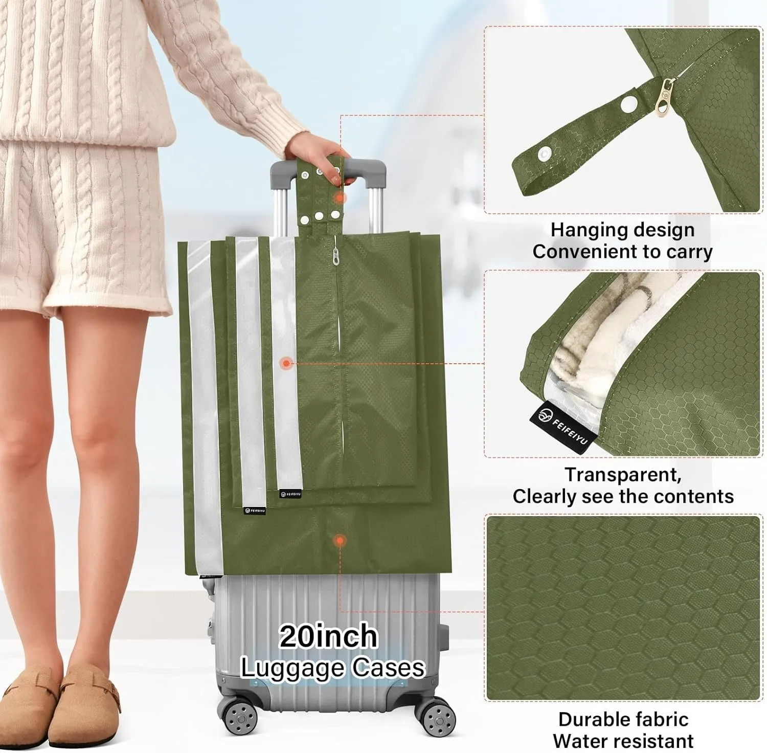 Army Green Travel Packing Bags Packing Cubes with Shoe Bag Shoe Bags with Sturdy Zipper
