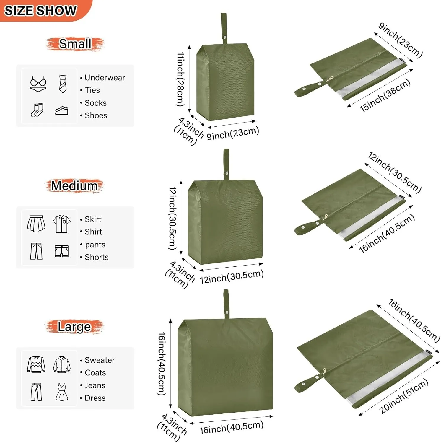 Army Green Travel Packing Bags Packing Cubes with Shoe Bag Shoe Bags with Sturdy Zipper