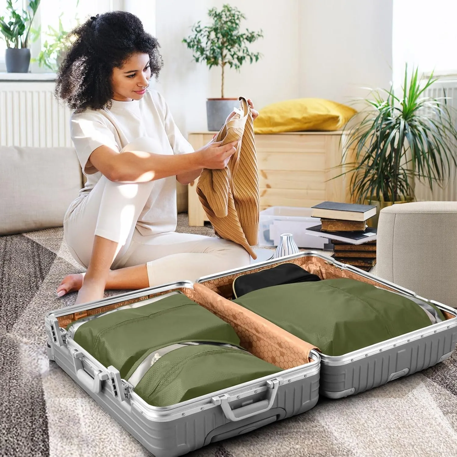 Army Green Travel Packing Bags Packing Cubes with Shoe Bag Shoe Bags with Sturdy Zipper