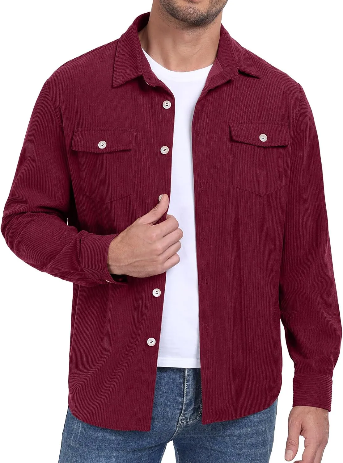 Askdeer Men's Corduroy Button Down Shirts Long Sleeve Casual Shacket Jacket Western Corduroy Shirt Jacket with Flap Pockets