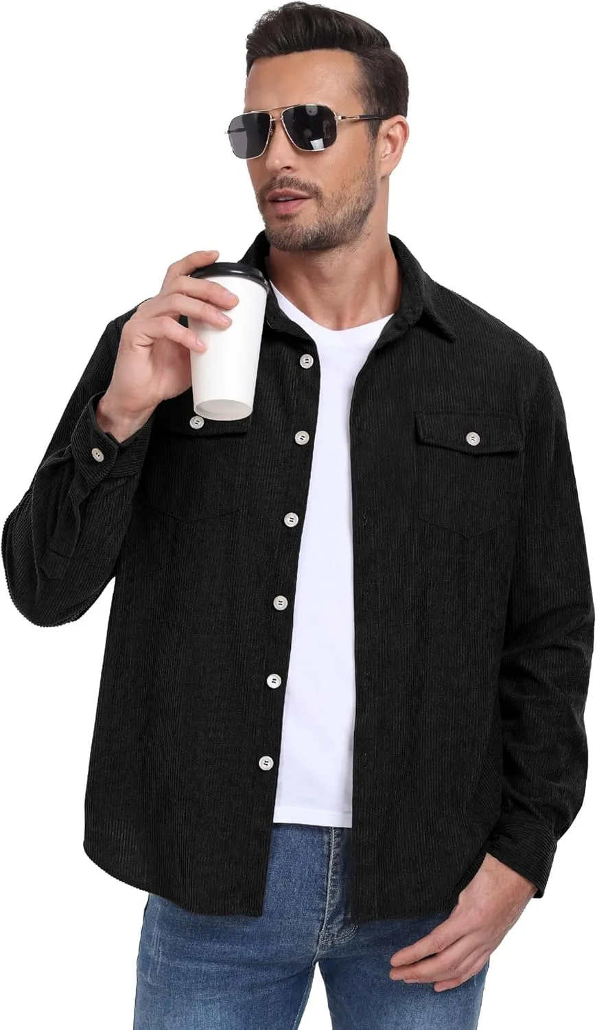 Askdeer Men's Corduroy Button Down Shirts Long Sleeve Casual Shacket Jacket Western Corduroy Shirt Jacket with Flap Pockets