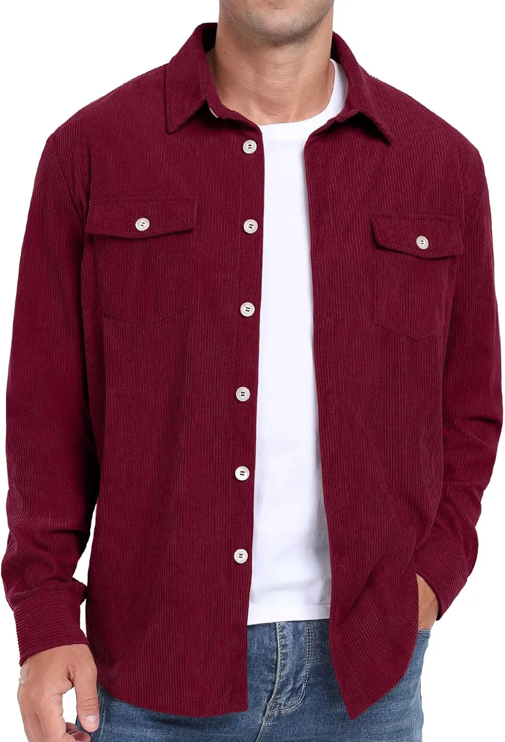 Askdeer Men's Corduroy Button Down Shirts Long Sleeve Casual Shacket Jacket Western Corduroy Shirt Jacket with Flap Pockets