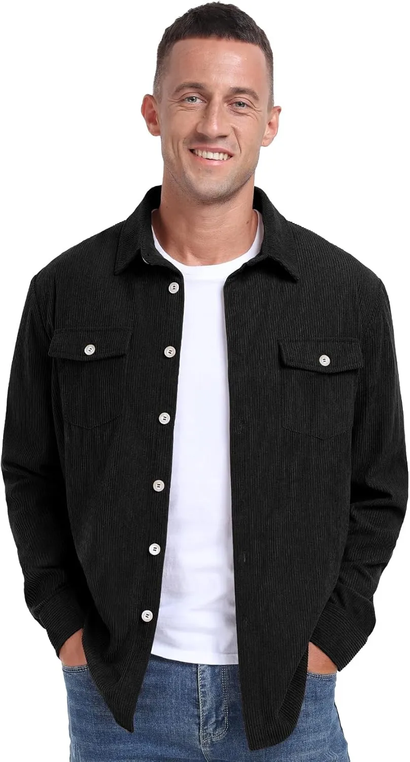Askdeer Men's Corduroy Button Down Shirts Long Sleeve Casual Shacket Jacket Western Corduroy Shirt Jacket with Flap Pockets