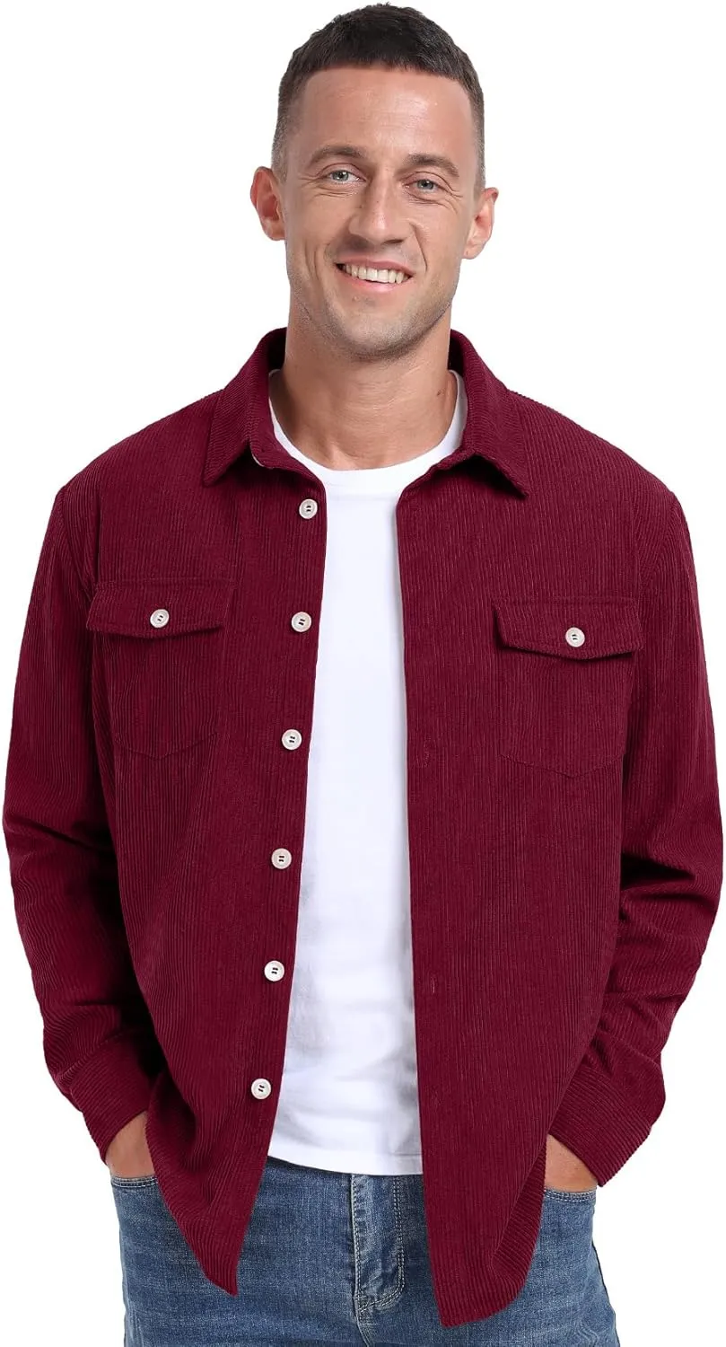 Askdeer Men's Corduroy Button Down Shirts Long Sleeve Casual Shacket Jacket Western Corduroy Shirt Jacket with Flap Pockets