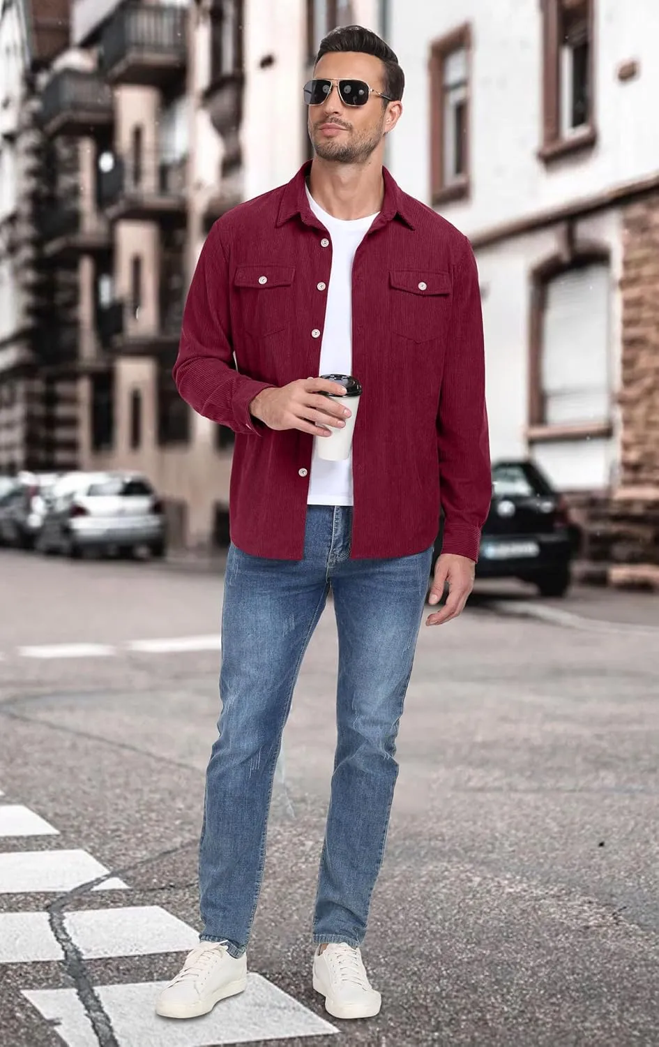 Askdeer Men's Corduroy Button Down Shirts Long Sleeve Casual Shacket Jacket Western Corduroy Shirt Jacket with Flap Pockets