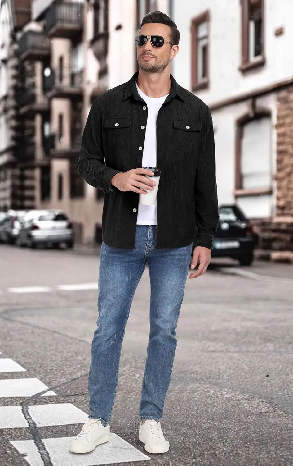 Askdeer Men's Corduroy Button Down Shirts Long Sleeve Casual Shacket Jacket Western Corduroy Shirt Jacket with Flap Pockets
