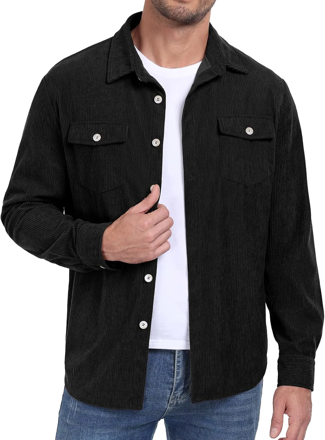Askdeer Men's Corduroy Button Down Shirts Long Sleeve Casual Shacket Jacket Western Corduroy Shirt Jacket with Flap Pockets