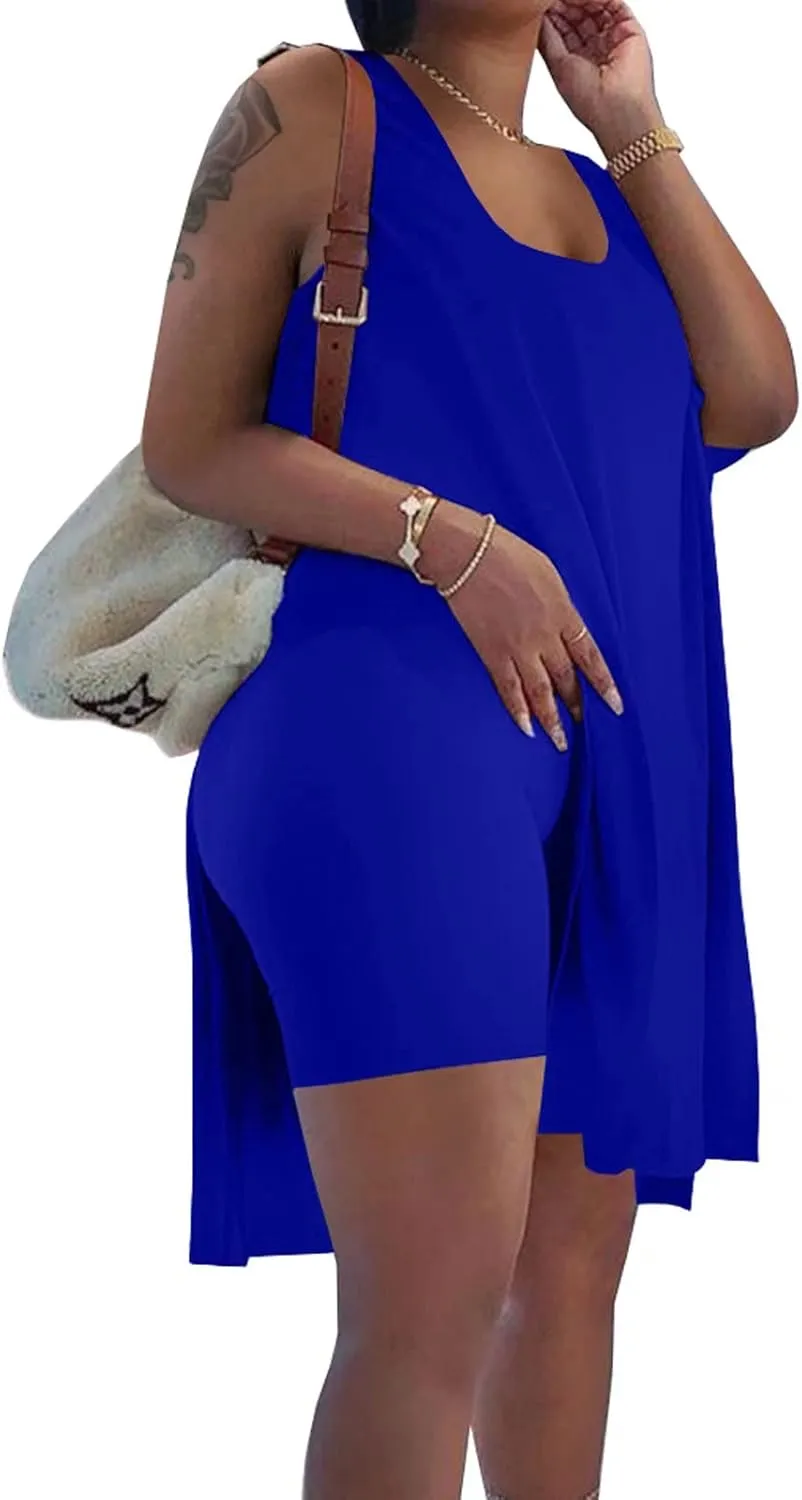 AXOSY Women's Plus Size 2 Piece Outfits Sleeveless Tunic Tops and Bodycon Biker Shorts Sets Tracksuits