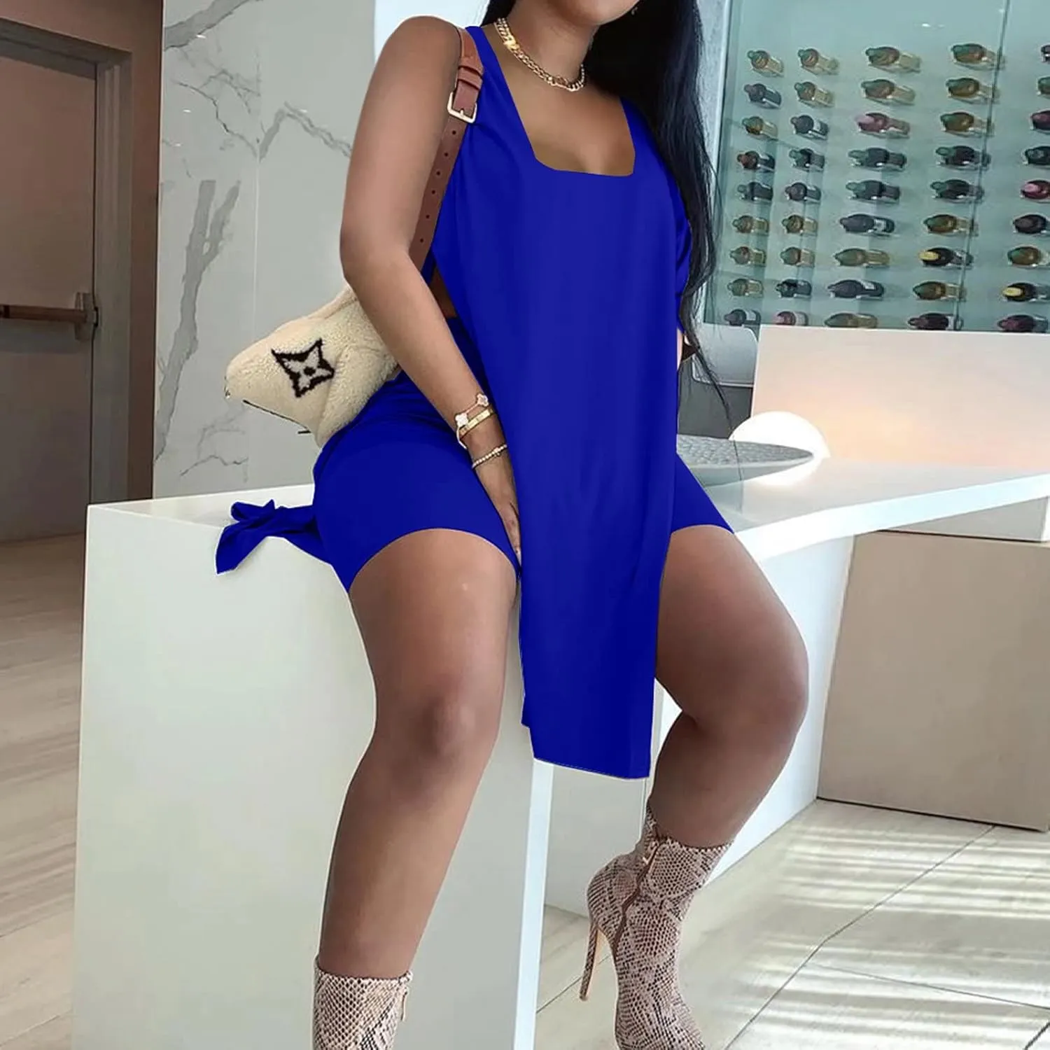 AXOSY Women's Plus Size 2 Piece Outfits Sleeveless Tunic Tops and Bodycon Biker Shorts Sets Tracksuits