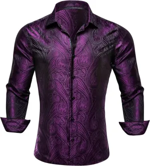 Barry.Wang Men's Dress Shirt Paisley Silk Long Sleeve Button Down Shirts Formal Wedding Regular Fit Tops Disco Party