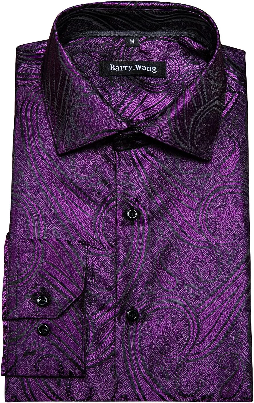 Barry.Wang Men's Dress Shirt Paisley Silk Long Sleeve Button Down Shirts Formal Wedding Regular Fit Tops Disco Party