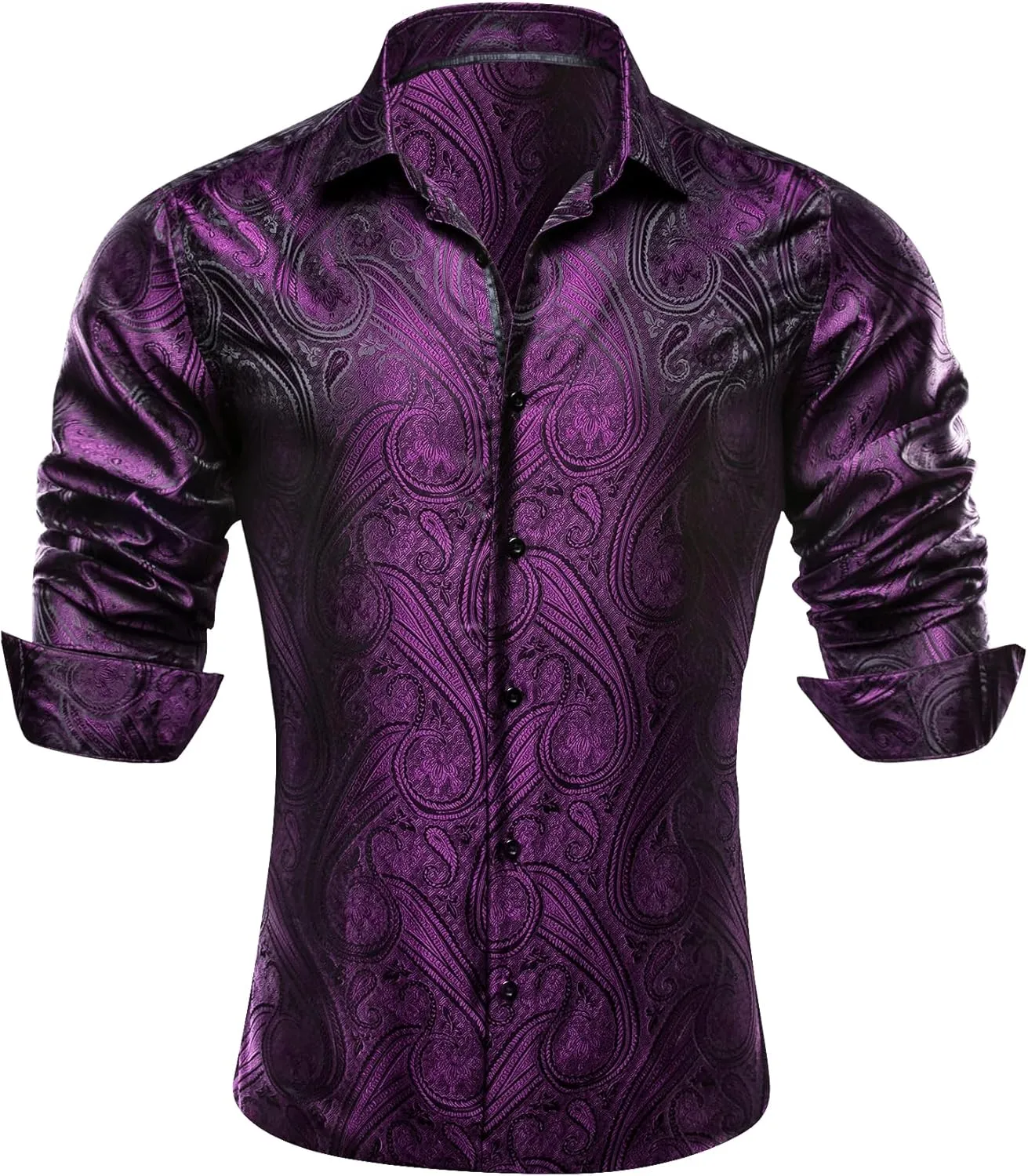 Barry.Wang Men's Dress Shirt Paisley Silk Long Sleeve Button Down Shirts Formal Wedding Regular Fit Tops Disco Party