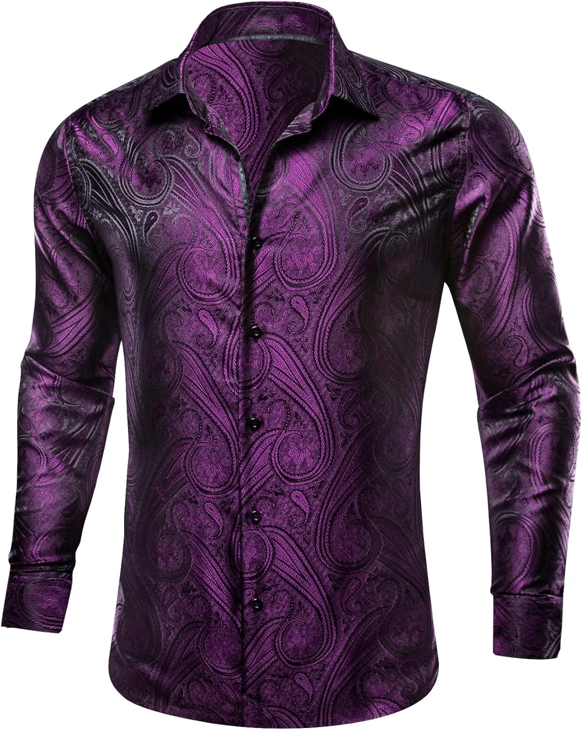 Barry.Wang Men's Dress Shirt Paisley Silk Long Sleeve Button Down Shirts Formal Wedding Regular Fit Tops Disco Party
