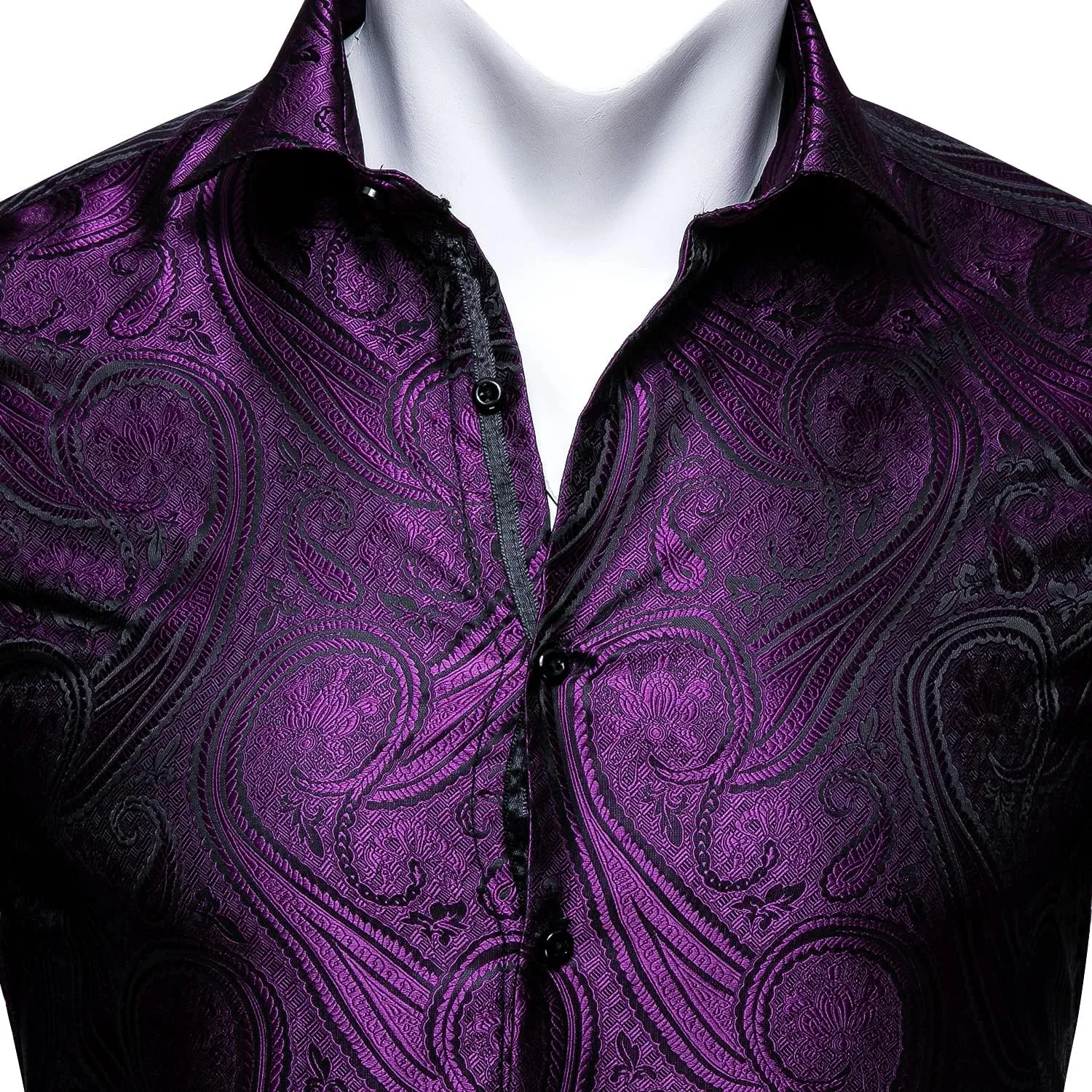 Barry.Wang Men's Dress Shirt Paisley Silk Long Sleeve Button Down Shirts Formal Wedding Regular Fit Tops Disco Party
