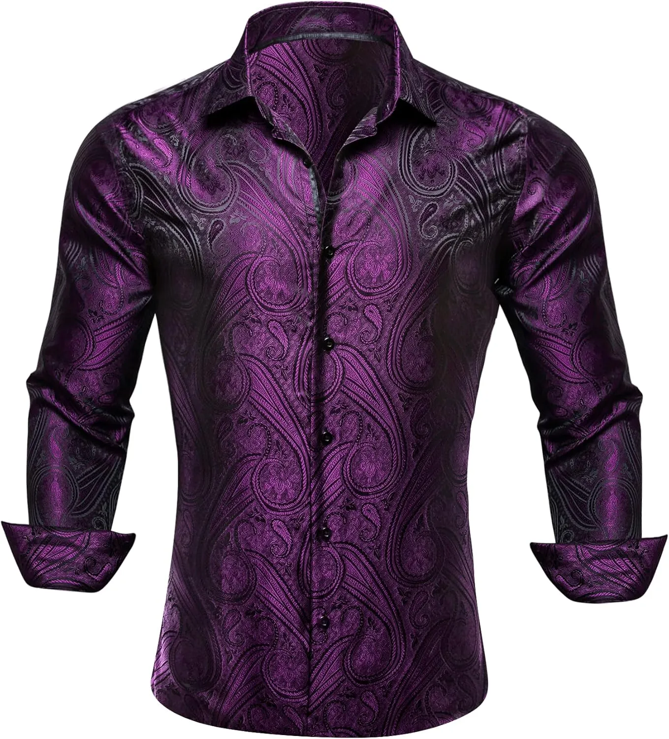 Barry.Wang Men's Dress Shirt Paisley Silk Long Sleeve Button Down Shirts Formal Wedding Regular Fit Tops Disco Party