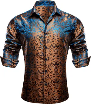 Barry.Wang Men's Dress Shirt Paisley Silk Long Sleeve Button Down Shirts Formal Wedding Regular Fit Tops Disco Party