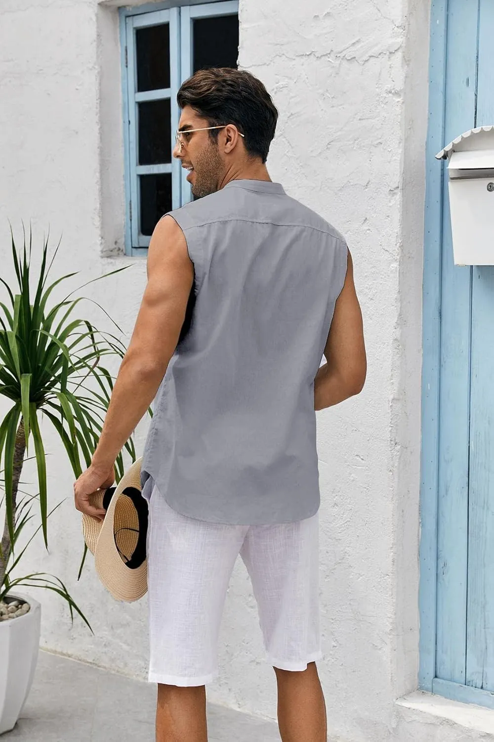 Bbalizko Mens Sleeveless Button Down Shirts Linen Cotton Summer Beach Basic Tank T-Shirt Tops