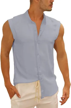 Bbalizko Mens Sleeveless Button Down Shirts Linen Cotton Summer Beach Basic Tank T-Shirt Tops