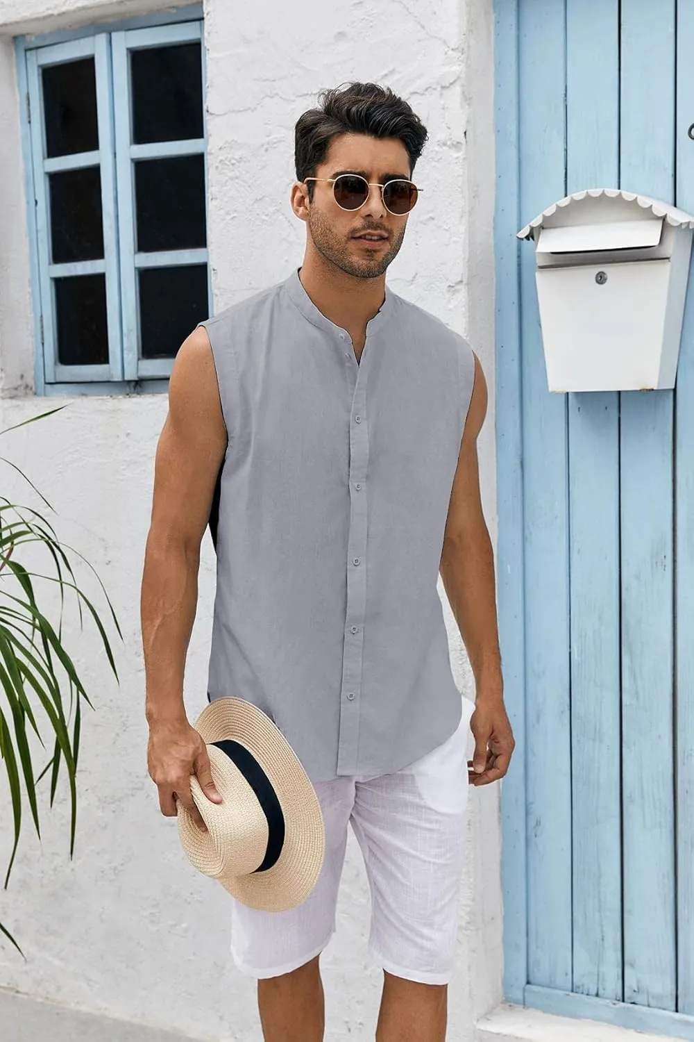 Bbalizko Mens Sleeveless Button Down Shirts Linen Cotton Summer Beach Basic Tank T-Shirt Tops