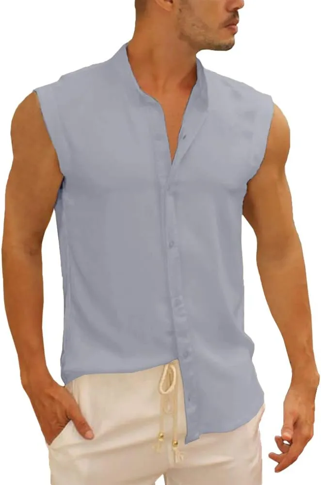 Bbalizko Mens Sleeveless Button Down Shirts Linen Cotton Summer Beach Basic Tank T-Shirt Tops