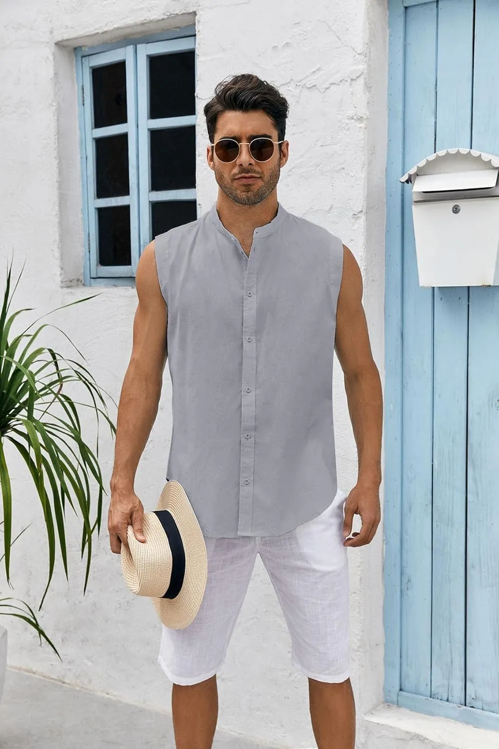 Bbalizko Mens Sleeveless Button Down Shirts Linen Cotton Summer Beach Basic Tank T-Shirt Tops
