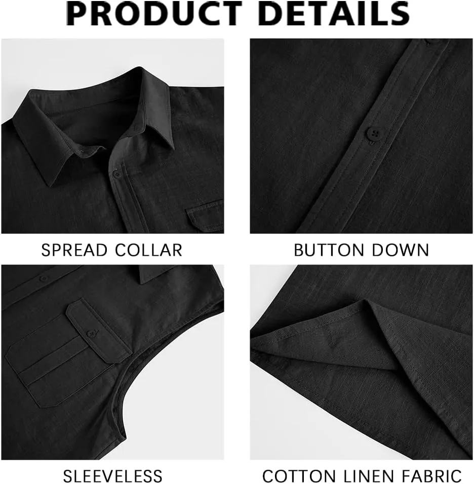 Bbalizko Mens Sleeveless Button Down Shirts Linen Cotton Summer Beach Basic Tank T-Shirt Tops
